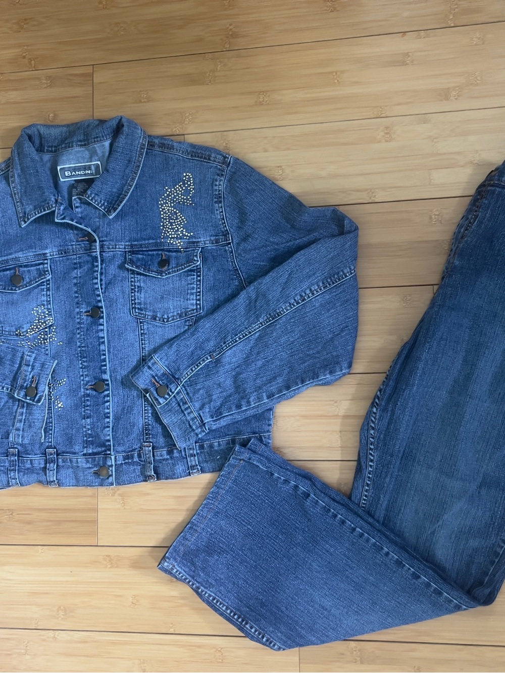 VTG Y2K Bandini Rhinestone Butterfly Denim Set XXXL Jacket 19/20 Jeans Bling 2PC
